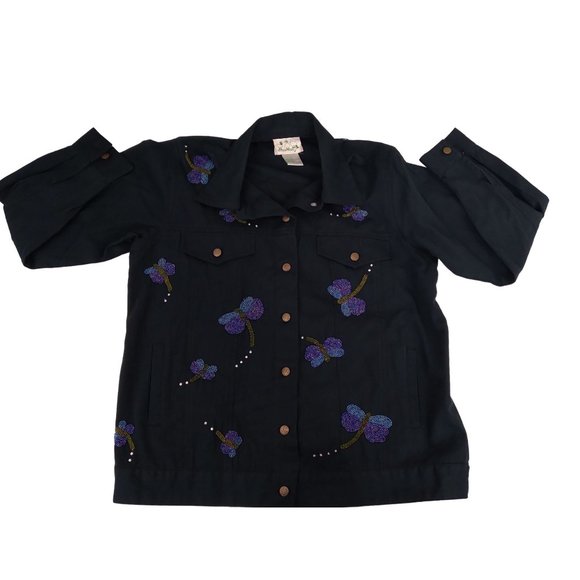 Vtg. Quacker Factory Embellished/pearl beaded Dragonflies button Jacket Large - Picture 7 of 16